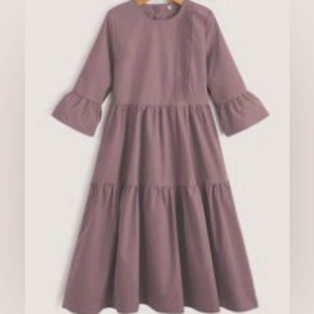 GIRLS DUSTY ROSE TIERED FLOUNCE SLEEVE FOLD PLEATED RUFFLE HEM DRESS SIZE 10/12